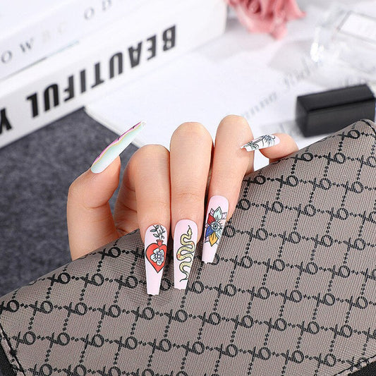 3D fake nails accessories long french coffin tips frog snake rose flower designs faux ongles press on acrylic false nail set