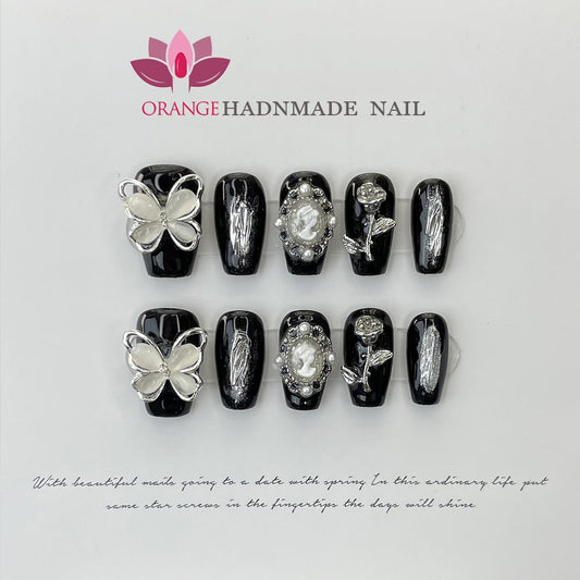 Handmade Luxury Press On Nails Rhinestone Coffin Head Manicuree Decoration Wearable Full With Design Acrylic Nail For Wedding