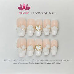 Handmade Wedding False Nails Medium Length Press on Nails With Designed Full Cover Coffin Manicuree Wearable XS S M L Size Nail