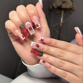 24Pcs Mid-length Square Head Press on False Nails with 3D Red Strawberry Design Wearable French Manicure Tips Ballet Fake Nail