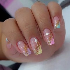 24Pcs Mid-Length Ballet Nails Set Pres on Cute Gradient Pink Flower Design False Nails Wearable Full Cover Fake Nail Tips