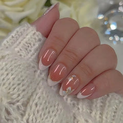 24Pcs Fashion Almond Head Full Cover Nail Tips Nude Pink Oval Press on Fake Nails Short False Nails with Red Love Pattern Design