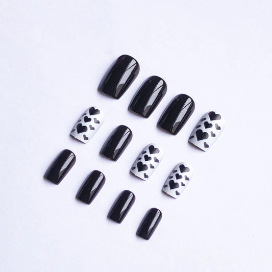 Black Short Square Fake Nails 24Pcs Full Cover Press On Nails Love Heart Printed Cool Girls Valentine's Day Charm Manicure