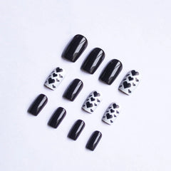 Black Short Square Fake Nails 24Pcs Full Cover Press On Nails Love Heart Printed Cool Girls Valentine's Day Charm Manicure