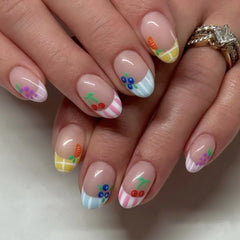 24Pcs Simple White Fake Nail Tips with Flower Bow Polka Dot Design Short Round Head Press on Nails Detachable Blue False Nails