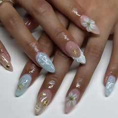 24Pcs Mid-length French Almond Press on Nails Tips with 3D Shell Flower Design Full Cover Fake Nails Art Datachable False Nails