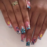 24Pcs Blue Smudge French False Nails Press on 3D Flower Starfish Shell Fake Nails Mid-length Square Wearable Full Cover Nail Tip