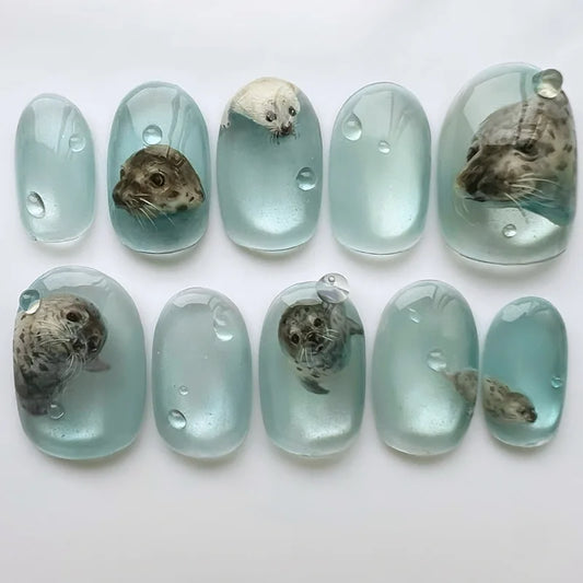 24pcs/set fake nails for women girls 3D embossed flowers cute pink blue leopard print Almond Square tips press on false nail