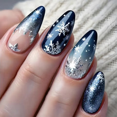 Gradient Blue Almond Fake Nails 24Pcs Christmas Nails Press On Acrylic False Nails Snowflake Printed Women Charm Manicure