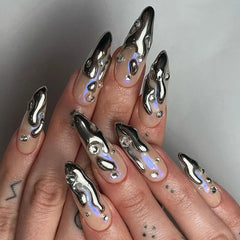 24Pcs Mid-length French Almond False Nails Press on Pearl Decorate Star Design Full Cover Nail Tip Rhinestone Reusable Fake Nail