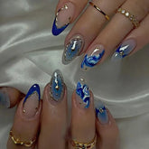 24Pcs Blue French Fake Nails Short Almond Nails Set Press on Wearable Wave Line Golden Star Design False Nails Manicure Tips