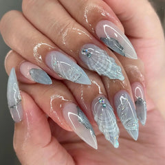 24Pcs Mid-length Almond Press on Fake Nails with 3D Flower French Leopard Print False Nails Pearl Wearable Full Cover Nails Tips