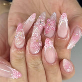 24pcs/set Medium fake nails for women girls 3D embossed flowers butterfly shell designs Summer almond tips press on false nail