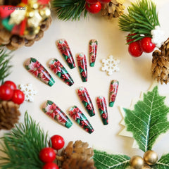 24Pcs Long Coffin Fake Nails Women Chriarmas Party Charm Manicure Full Cover Press On Nails Red Flower Printed Nails Supplies