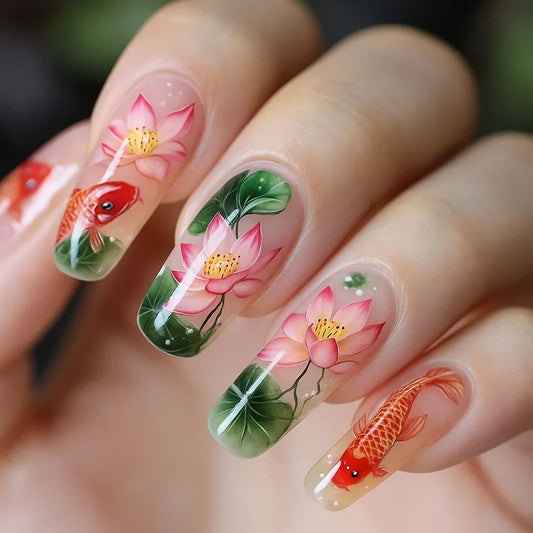 24pcs/set Medium long fake nails Swan fish flowers for summer season gradient almond square ballet tips press on false nails