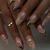 24Pcs 3D Golden French False Nails with Glue Wearable Round Head Press on Fake Nails Tips Almond Reusable Manicure for Women
