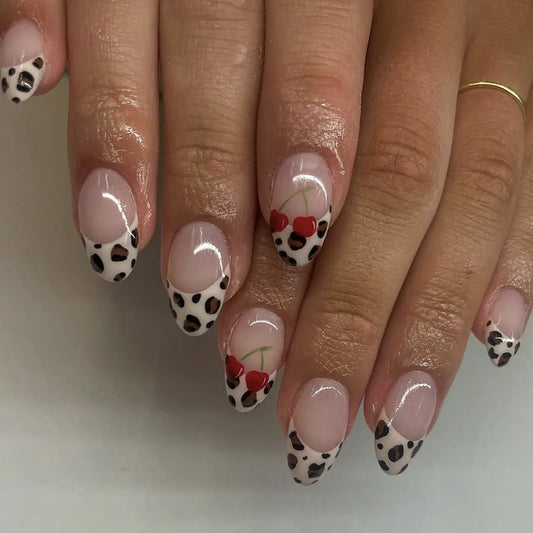 24Pcs Short Almond Fake Nails Press on Pink Flower Leopard Print French False Nails Detachable Artificial Full Cover Nails Tips
