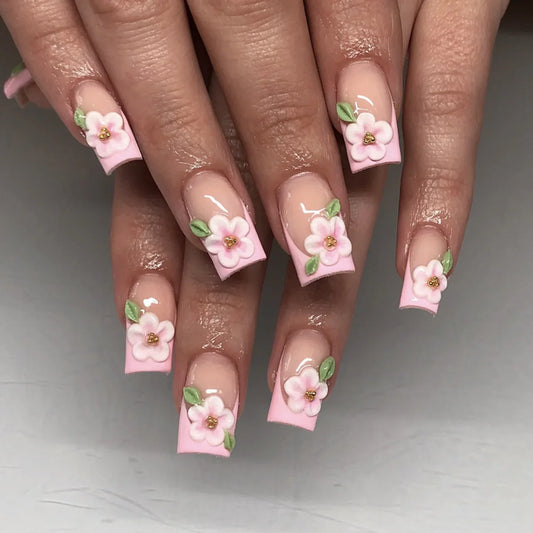 24Pcs Mid-length Square Head Press on False Nails with 3D Red Strawberry Design Wearable French Manicure Tips Ballet Fake Nail