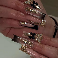 24Pcs Long French Square Head Press on False Nails 3D Blue Flower Rhinestone Design Full Cover Fake Nails Tips Wearable Manicure