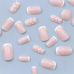 Minimalist Nude Color Fake Nails 24Pcs White French Press On Nail Love Heart Printed Women Valentine's Day/Dating Charm Manicure