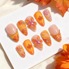 24Pcs Gilded 3D Flower Press on Nails Black French Leopard Print False Nails Mid-length Almond Wearable Full Cover Fake Nail Tip
