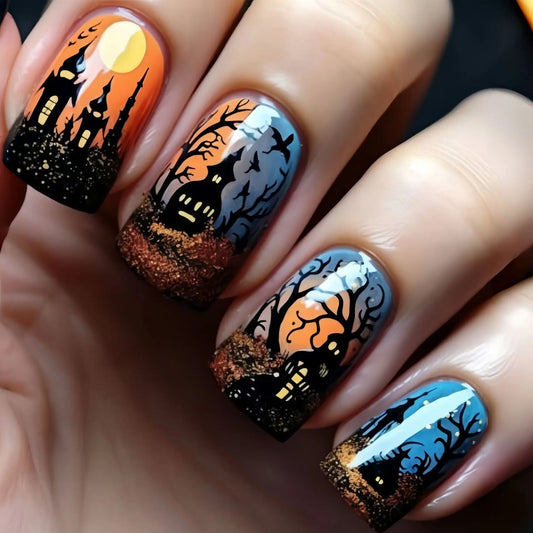 24pcs/set Short Medium fake nails for Halloween party Dead trees and crows bat Night sky Square almond tips press on false nail