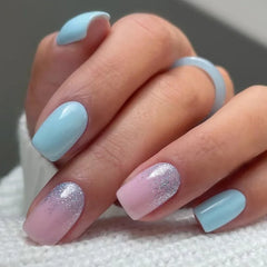 24Pcs Gradient Press on False Nails with Colorful Star Moon Design Glitter Short Square Head Manicure Tips Detachable Fake Nail