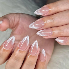 24Pcs Mid-length Almond Nails Set Press on With White Gradient Design Fake Nail Flower Pattern Reusable Finished False Nail Tip