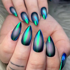 24Pcs Mid-length Almond Full Cover Nail Tip Blue Gradient Design Fake Nails Golden Line Rhinestone Reusable Press on False Nails