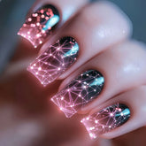 24pcs Romantic Sky Press on Nail Pink Purple Gradient Starry Sky False Nails Wearable European Square Head Fake Nails for Women