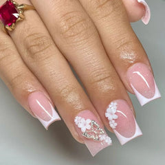 24pcs/set Medium fake nails for women girls 3D embossed flowers butterfly shell designs Summer almond tips press on false nail