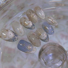 24Pcs Glitter Blue French False Nails Press on Short Round Head Fake Nail with Moon Star Design Artifical Almond Manicure Tips