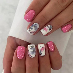 24Pcs Square Head Nails Set Press on Short False Nails with Purple Flowers Design Wearable Artificial Full Cover Fake Nail Tips