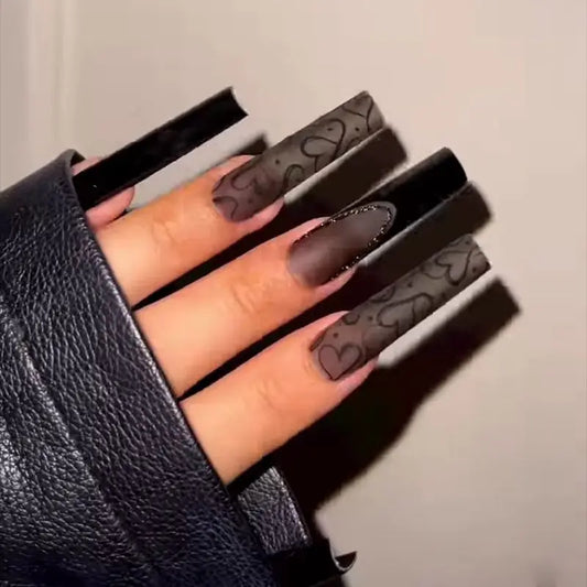 24Pcs Long Square Head False Nails Black French Bow Full Cover Fake Nail Tip Irregular Stripe Rhinestone Reusable Press on Nails
