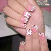Short Square Nude Pink Fake Nails 24Pcs Leopard Printed French Press On Nails 3D Love Heart/Butterfly/Bowknot Decor False Nails