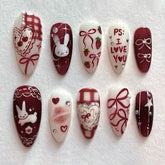 24Pcs Cute Rabbit Design Press on Nails Red Strawberry Pattern Wearable False Nails Mid-length Almond Full Cover Fake Nail Tips