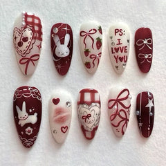 24Pcs Cute Rabbit Design Press on Nails Red Strawberry Pattern Wearable False Nails Mid-length Almond Full Cover Fake Nail Tips