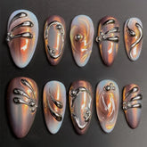 24Pcs Almond Fake Nail with Star and Moon Design Mid-length Round Head Press on False Nails Wearable Full Cover Nail Tips