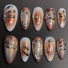 24Pcs Almond Fake Nail with Star and Moon Design Mid-length Round Head Press on False Nails Wearable Full Cover Nail Tips