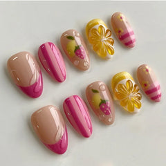 24Pcs Yellow French Fake Nails Mid-length Almond Detachable Press on False Nails Ladybug Strawberry Flower Full Cover Nails Tips
