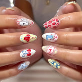Y2K Girls Almond Fake Nails 24Pcs Colorful Press On Nails Strawberry/Bowknot/Star Printed Party Charm Manicure Stick-on Nail Art