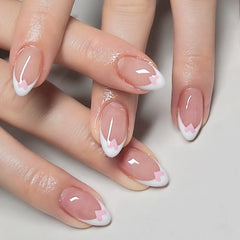 Short Almond Fake Nails 24Pcs White French Press On Nails Pink Love Heart Printed Women Girls Valentine's Day Charm Manicure