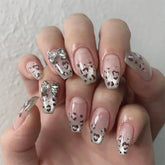 24Pcs Cat's Eye Leopard Print Gradient Fake Nails Mid-length Ballet Press on False Nails 3D Bow Detachable Full Cover Nails Tips
