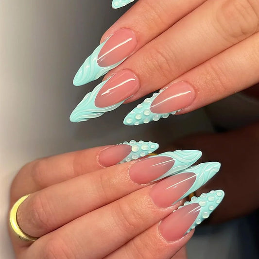 24Pcs Long Stiletto Fake Nails Press on 3D Shell Irregular Metal Design Full Cover Nails Tips Pink Smudge Detachable False Nails