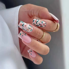 24pcs/set medium long fake nails for Spring summer season beautiful peach flowers butterfly design press on false nail art tips