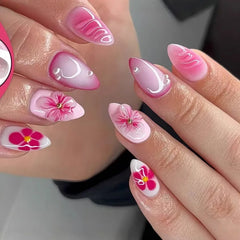 24pcs/set Medium fake nails for women girls 3D embossed flowers fruit shell rhinestones design Almond tips press on false nail