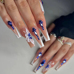 24Pcs Long Ballet False Nails with Butterfly Rhinestone Design Coffin French Fake Nails Purple Press on Nails Wearable Nail Art