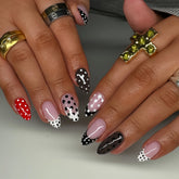 24Pcs Black White French Nails Set Press on Simple Polka Dot Full Cover Fake Nails Tips Mid-length Almond Detachable False Nails