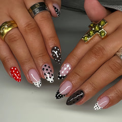 24Pcs Black White French Nails Set Press on Simple Polka Dot Full Cover Fake Nails Tips Mid-length Almond Detachable False Nails