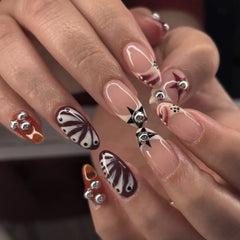 24Pcs Short Almond Press on False Nails French Black Stripe Polka Dot Fake Nails with Star Pearl Reusable Full Cover Nails Tips